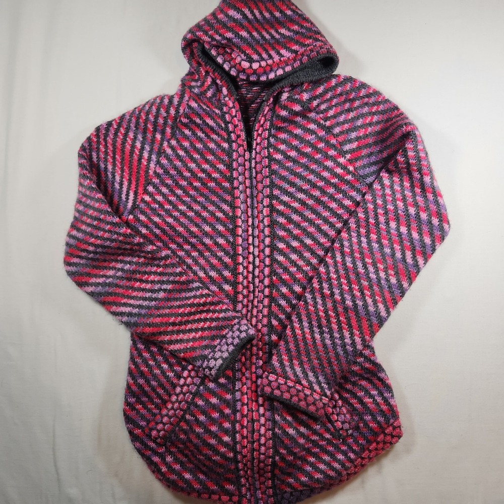 Handmade Wool blend Knit Hooded Zip Up Cardigan Pink Purple Geometric Sweater